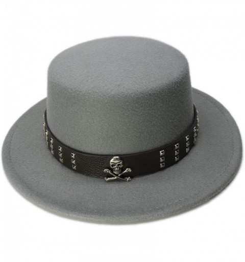 Fedoras Women Men Vintage 100% Wool Wide Brim Bowler Hat Skull Bead Leather Band (57cm/Adjust) - Gray - C518MED48I3 $26.66