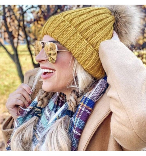Skullies & Beanies Winter Knit Hat Detachable Real Raccoon Fur Pom Pom Womens Girls Warm Knit Beanie Hat - C21251TBWX5 $17.57
