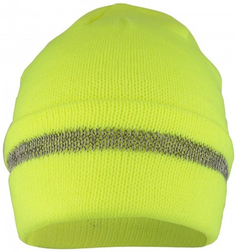 Skullies & Beanies High Visibility Reflective Striped Long Cuff Knit Beanie Hat - Safety Yellow - CA18686Y9UH $27.50