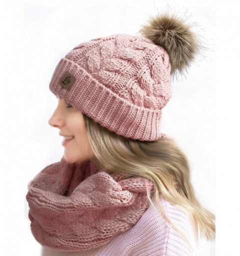 Skullies & Beanies Winter Knit Pom Beanie Hat Scarf Set Women Cute Soft Warm Infinity Scarves - Pink - CU18XU2COC3 $16.51