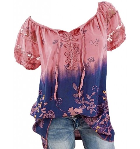 Headbands Women Short Sleeve V-Neck Lace Printed Lace Tops Loose T-Shirt Blouse Tops - Watermelonred - CQ18UR7RGH5 $10.09