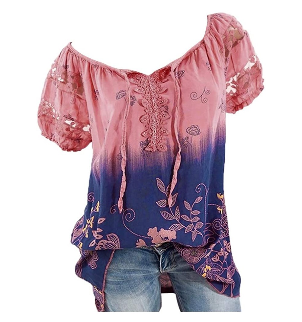 Headbands Women Short Sleeve V-Neck Lace Printed Lace Tops Loose T-Shirt Blouse Tops - Watermelonred - CQ18UR7RGH5 $10.09