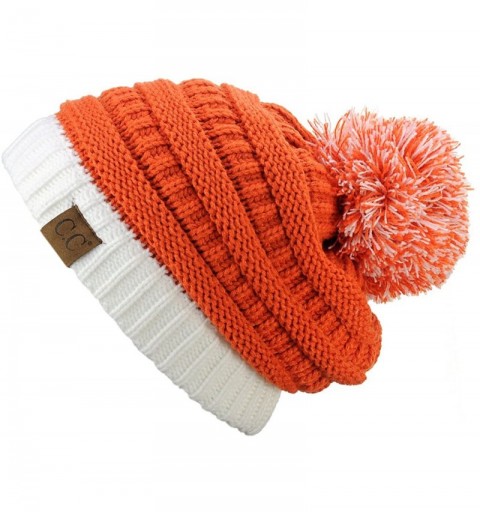 Skullies & Beanies Unisex College High School Team Color Two Tone Pom Pom Knit Beanie Hat - Brt Orange/Wt - C012LZIQ9IT $8.87