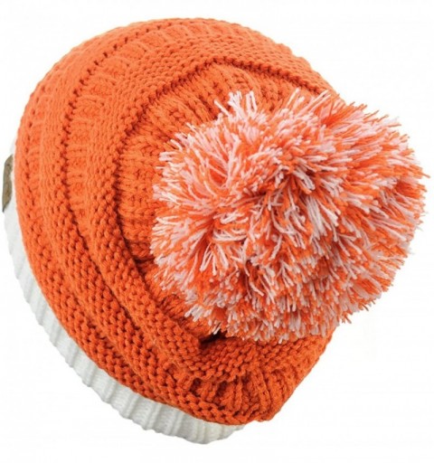 Skullies & Beanies Unisex College High School Team Color Two Tone Pom Pom Knit Beanie Hat - Brt Orange/Wt - C012LZIQ9IT $8.87