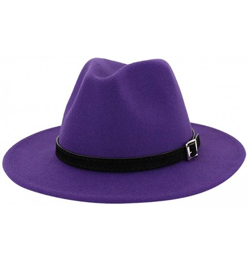 Fedoras Mens Fedora Hat Faux Felt Wide Brim Belt Buckle Cowboy Hat - D Purple - C21933XGUHH $21.34