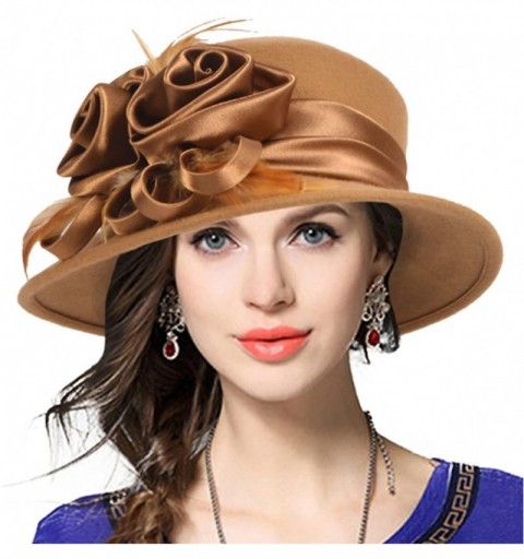 Bucket Hats Women's Wool Church Dress Cloche Hat Plumy Felt Bucket Winter Hat - Floral-camel - CX12N32RNEA $51.46