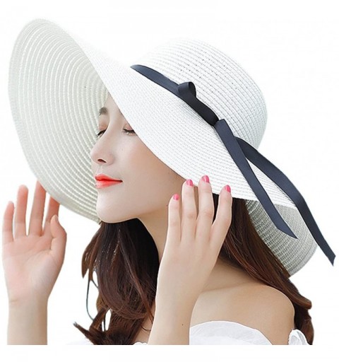 Sun Hats Women's Big Brim Sun Hat Floppy Foldable Bowknot Straw Hat Summer Beach Hat - Milky - CJ1804RYKZ2 $14.52