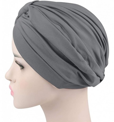 Skullies & Beanies Chemo Turbans for Women Pre Tied Cotton Vintage Cover Twist Pleasted Hair Caps - Style1-gray-1 Pair - CY18...