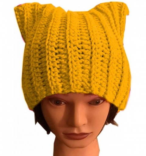 Skullies & Beanies Handmade Knitted Pussy Cat Ear Beanie Hat for Women's March Winter Gifts - Yellow - C018L62H8UX $10.79