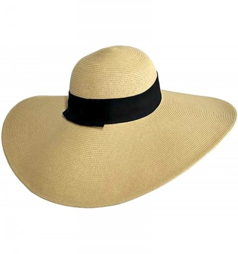 Sun Hats Tan Wide Brimmed Floppy Hat with Black Ribbon Hat Band - CO112X0143T $28.08