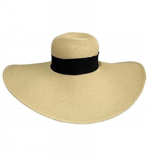 Sun Hats Tan Wide Brimmed Floppy Hat with Black Ribbon Hat Band - CO112X0143T $28.08