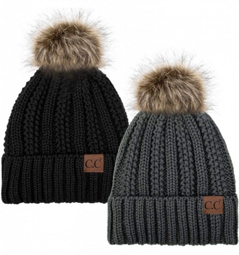 Skullies & Beanies Thick Cable Knit Hat Faux Fur Pom Fleece Lined Cap Cuff Beanie 2 Pack - Dk Melange/Black - CN1924ASTTC $29.10