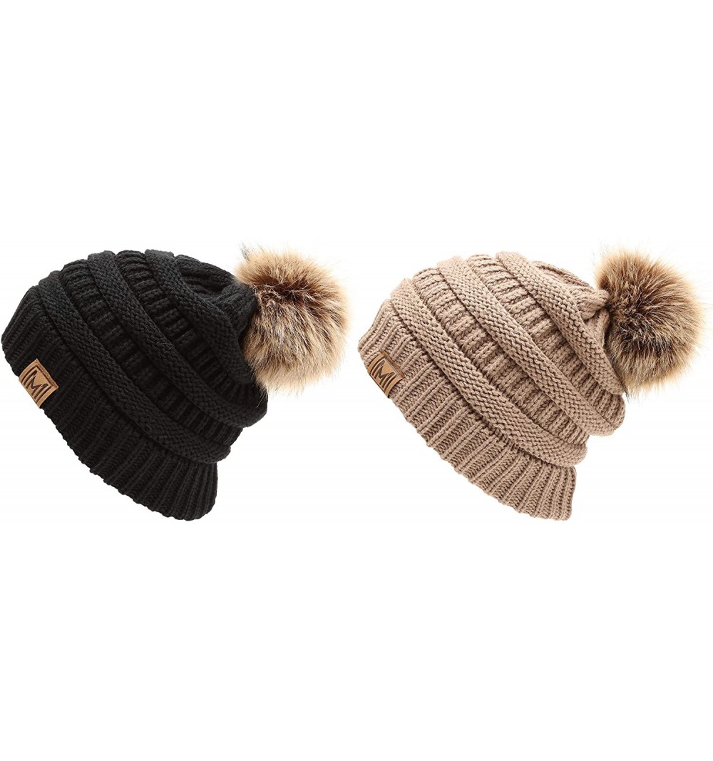 Skullies & Beanies Women's Soft Stretch Cable Knit Warm Skully Faux Fur Pom Pom Beanie Hats - 2 Pack - Black & Taupe - CL18L4...