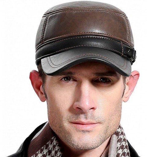 Newsboy Caps Winter Mens Leather Cap with Earflap Military Cadet Army Flat Top Hat - Brown - CF188CESGSQ $26.64