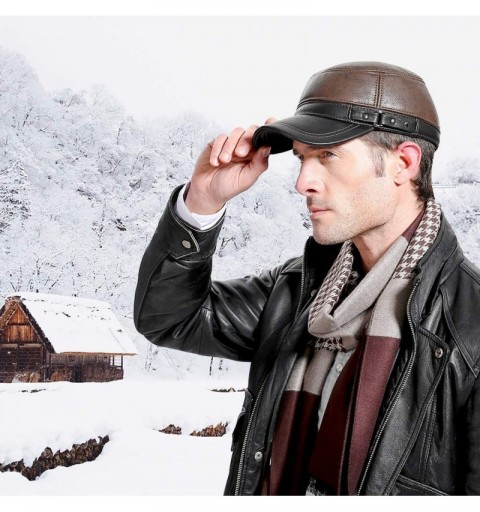 Newsboy Caps Winter Mens Leather Cap with Earflap Military Cadet Army Flat Top Hat - Brown - CF188CESGSQ $26.64