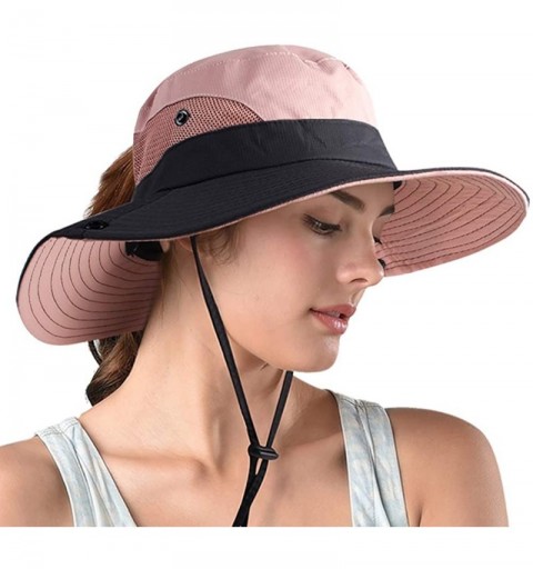 Sun Hats Women's Ponytail Safari Sun Hat- UPF 50+ Wide Brim Outdoor Bucket Hat with Chin Drawstring Strap-Fishing Hat - CQ18S...