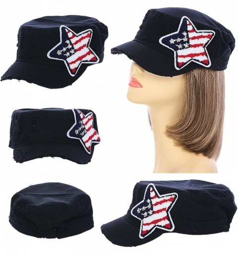 Sun Hats Crystal Accent Patriotic Star US Flag Military Cap - Black - CP12F3FLQUL $18.95