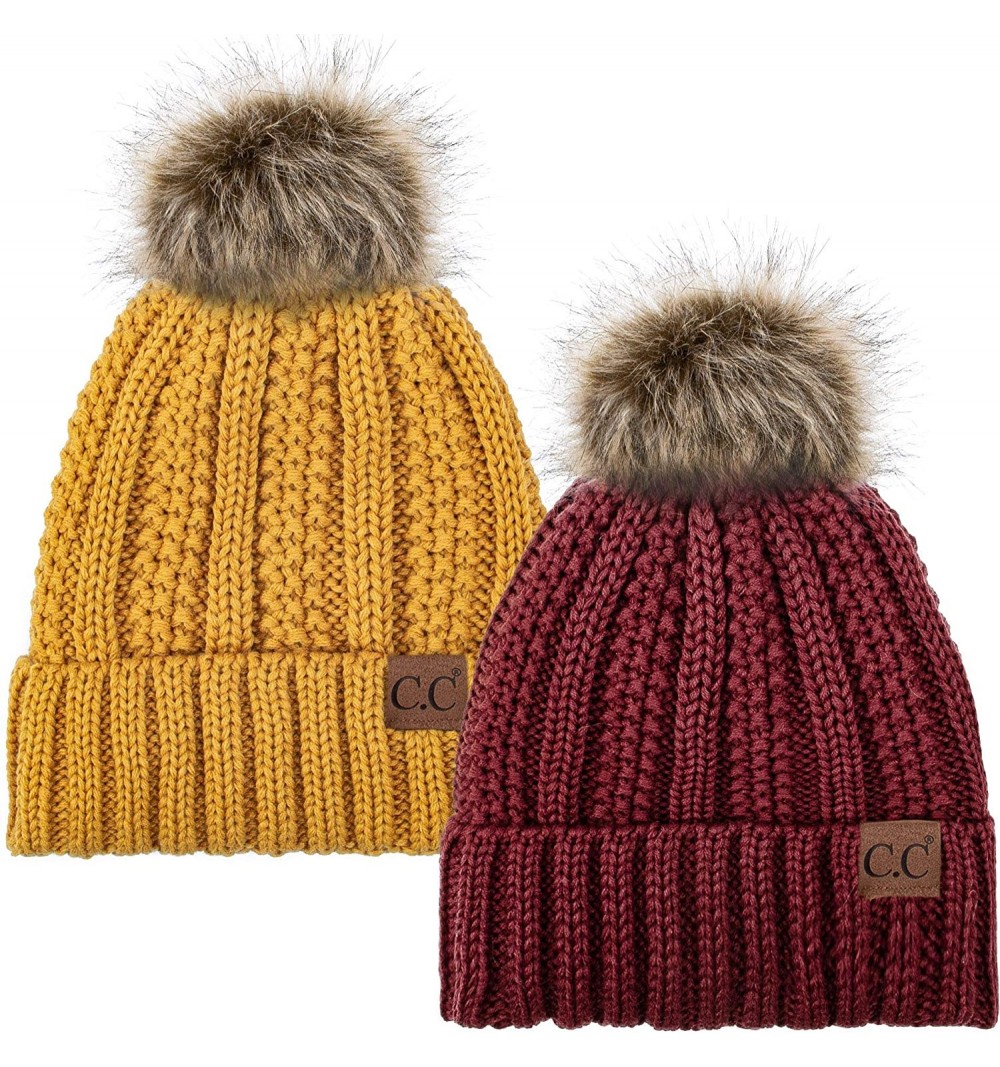 Skullies & Beanies Thick Cable Knit Hat Faux Fur Pom Fleece Lined Cap Cuff Beanie 2 Pack - Burgundy/Mustard - C4192527CYO $26.22