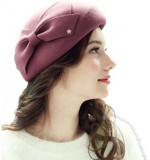 Berets Womens Wool Felt French Berets Bowler Hat Artist Boina Bowknot Cap - Pink - C918LTXKHKU $26.97