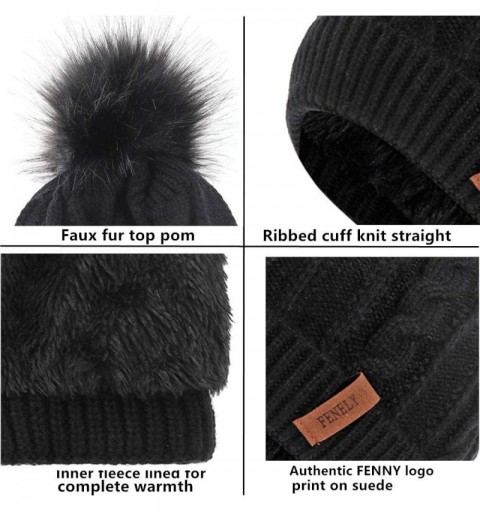 Skullies & Beanies Knit Pom Beanie Hat Scarf Set for Womens Mens Winter Ski Hat Slouchy Skull Cap with Fleece Lined - Black -...
