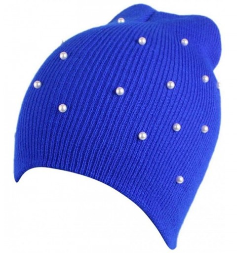 Skullies & Beanies Womens Hat Winter- Faux Pearls Warm Chunky Beanie Hats Cap - Blue - CI188RI32GI $8.77