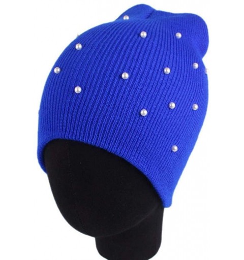 Skullies & Beanies Womens Hat Winter- Faux Pearls Warm Chunky Beanie Hats Cap - Blue - CI188RI32GI $8.77