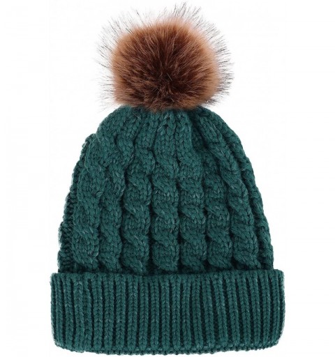 Skullies & Beanies Winter Hand Knit Beanie Hat with Faux Fur Pompom - Green - CQ1825CU597 $25.99