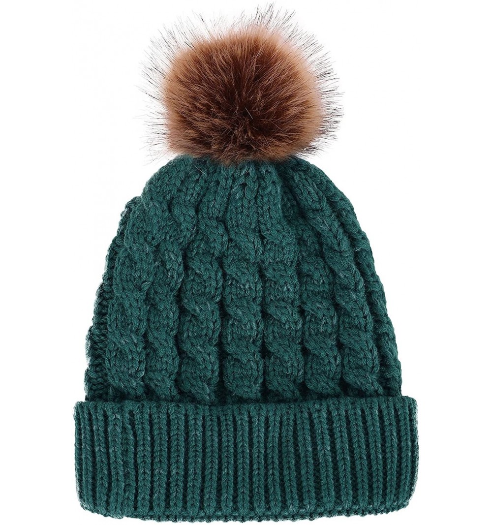 Skullies & Beanies Winter Hand Knit Beanie Hat with Faux Fur Pompom - Green - CQ1825CU597 $16.73