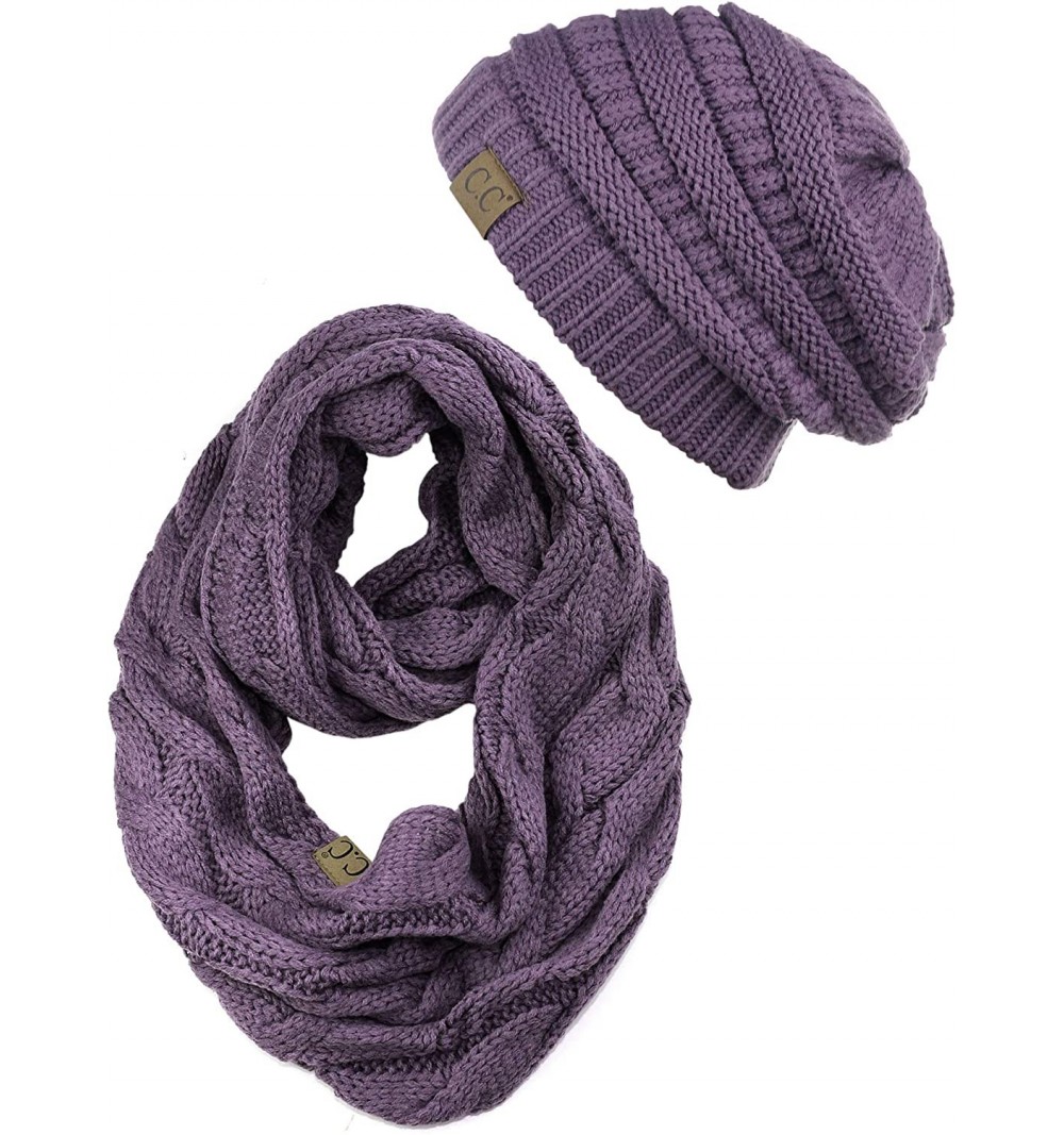 Skullies & Beanies Unisex Soft Stretch Chunky Cable Knit Beanie and Infinity Loop Scarf Set - Violet - CT18KHAZCOL $27.87