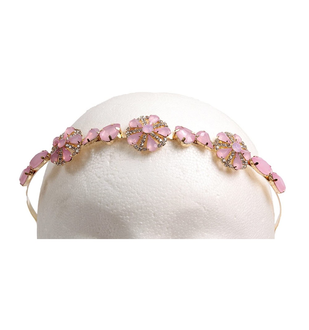 Headbands Pink Rose Design on Gold Color Metal Headband of Swarovski Rhinestone - CG12MYD0NGD $20.11