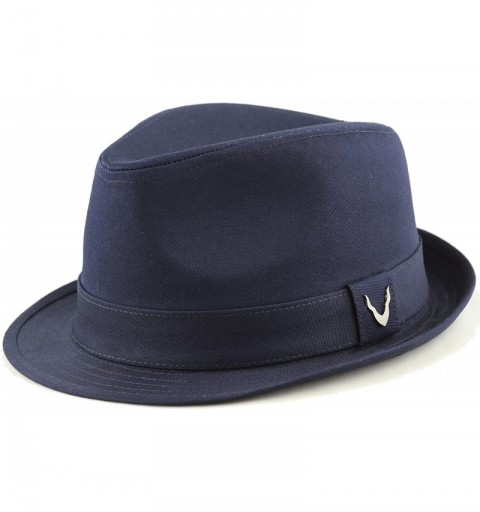 Fedoras Black Horn Unisex Cotton Wool Blend Herringbone Trilby Fedora Hats - Cotton- Navy - CT187LATKCR $13.56