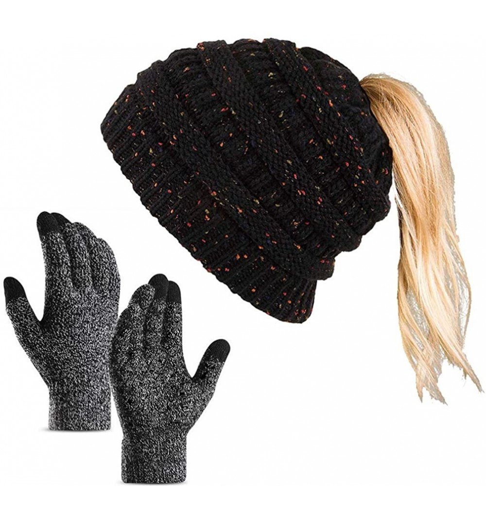 Skullies & Beanies Ponytail Beanie Hat Touchsreen Gloves-Women Knit Winter Hat Stretch Ponytail Beanie Hat Messy Bun BeanieTa...