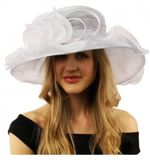 Sun Hats Darling Flower Satin Swirl Party Ruffle Derby Bucket Floppy Organza Hat - White - CX12DQJZ7MT $23.97