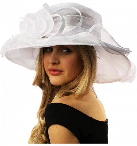 Sun Hats Darling Flower Satin Swirl Party Ruffle Derby Bucket Floppy Organza Hat - White - CX12DQJZ7MT $23.97